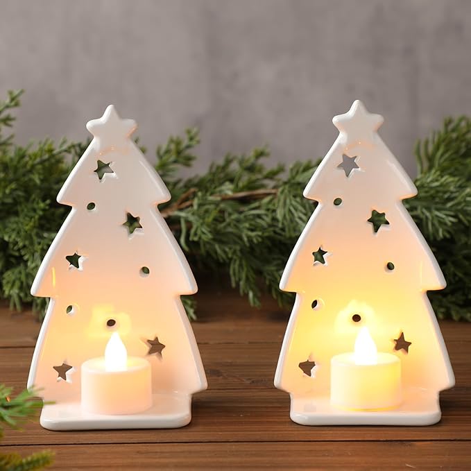 Yungyan 2 Pcs Christmas Tree Candle Holder Ceramics Christmas Tealight Holders Votive Candlestick White Xmas Tree Silhouette for Tea Light Taper Candles Table Centerpiece Home Mantel Fireplace Decor