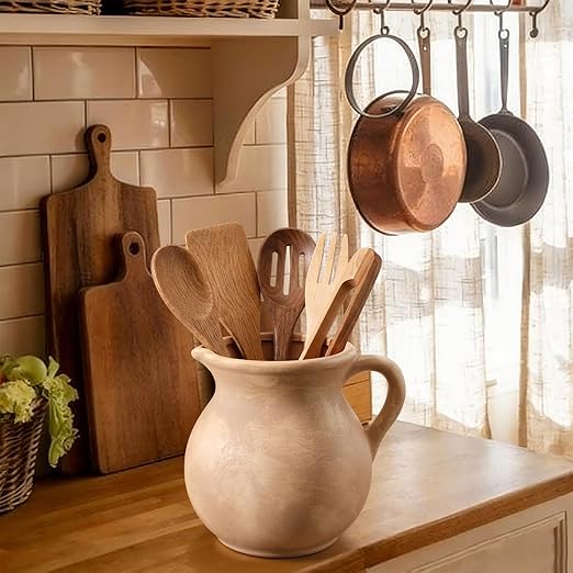 Rustic Kitchen Utensil Holder with Handle,7.48" H Ceramic Vintage Utensil Crock for Countertop, Farmhouse Kitchen Decoration Ceramic Pot for Spatulas Spoons Tongs(Classic,Antique Beige)