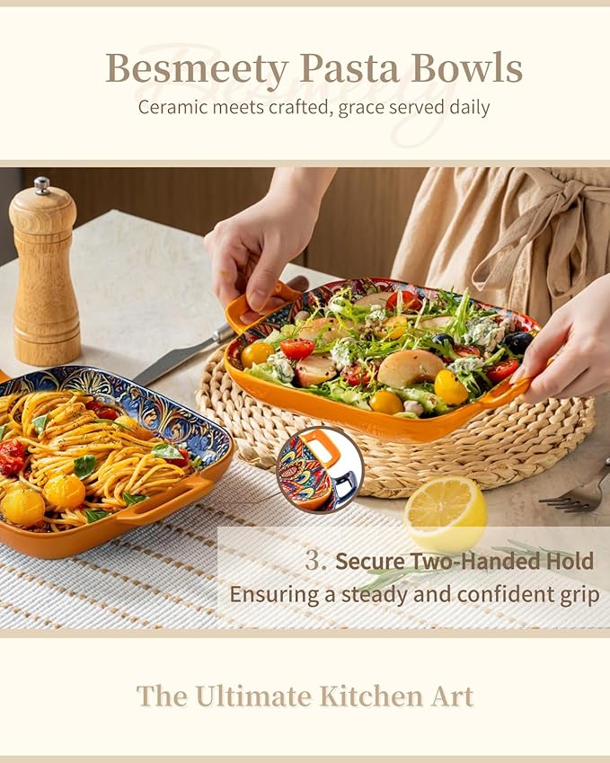 Besmeety Square Pasta Bowls with Handle, Boho Salad Serving Bowls Set of 2, Ceramic 7.09" Pasta Plates for Housewarming Present, Party (Yellow+Orange1)