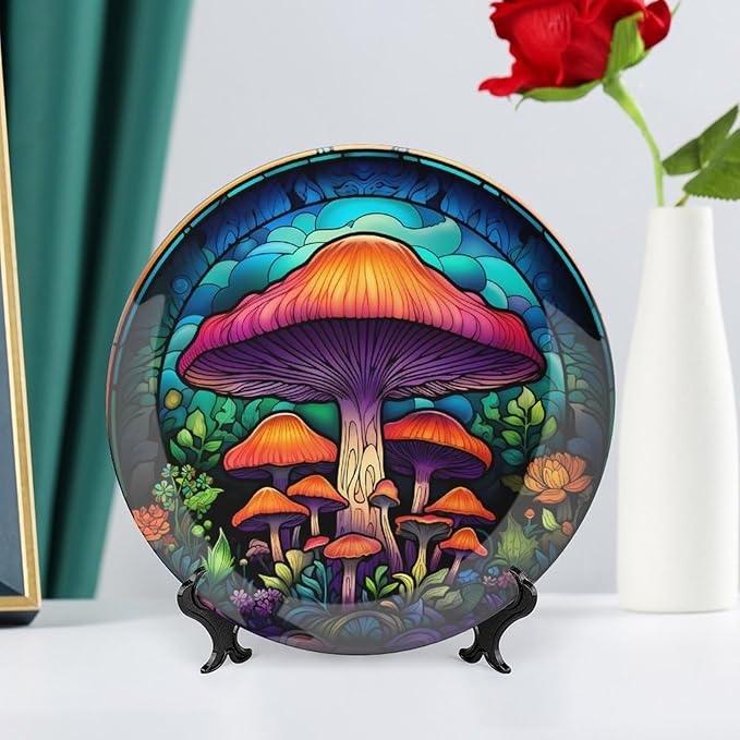 Decorative Plates, Forest Mushroom Stained Glass Painting Ceramic Dinner Plate Home Wobble-Plate with Display Stand, Wall Hanging Decor for Kitchen Household 10 Inch, Gifts for Mushroom Lovers