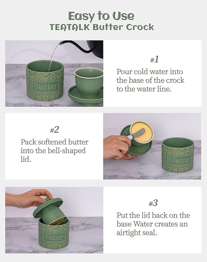 TEATALK Ceramic French Butter Crock - Vintage Relief Pattern Butter Keeper with Water Seal, 6.7oz Green Butter Dish for Fresh Spreadable Butter, Farmhouse Kitchen Decor & Gift