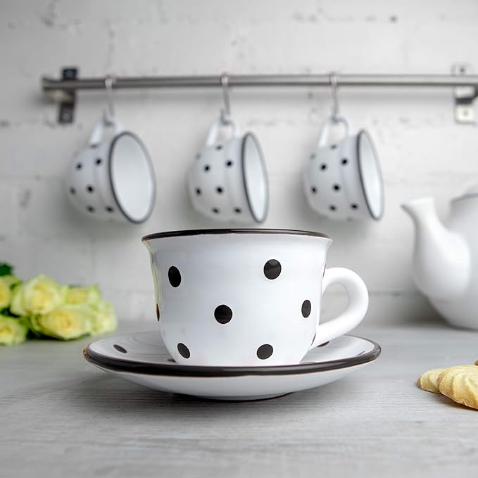 City to Cottage Handmade White And Black Polka Dot Ceramic 8.4oz/250ml | Cappuccino, Coffee, Tea Cup and Saucer, Unique Designer Pottery for Tea Lovers