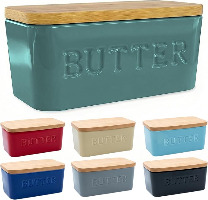 PriorityChef Extra Large Butter Dish with Lid for Countertop, Ceramic Butter Container With Airtight Cover, Butter Keeper for Counter or Fridge, Butter Holder Storage, Teal Blue