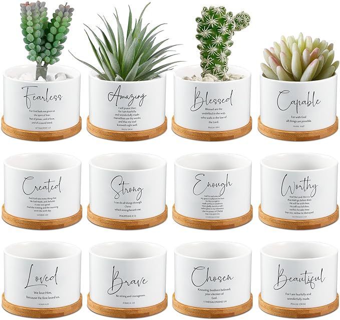 Fumete 12 Pcs Bible Verse Succulent Pots with Bamboo Tray Drainage 3.15 Inch Mini Ceramic Flower Planter Pot Christian Gifts for Women Sunday School Teacher Church Plants Not Included(Special Style)