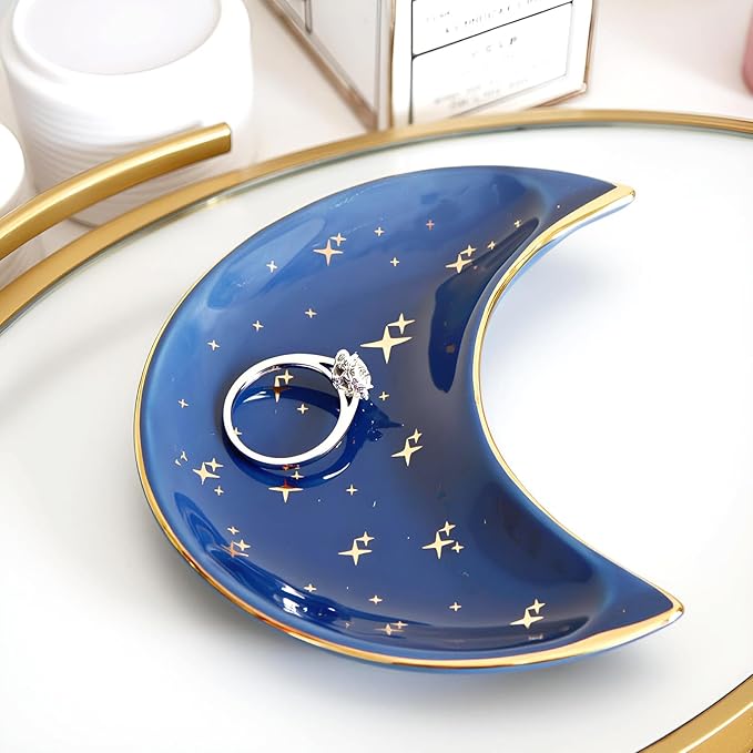 Small Moon Jewelry Dish Tray, Decorative Ceramic Trinket Dish, Modern Accent Tray for Vanity, Blue