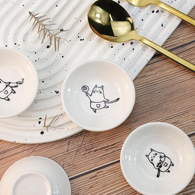 SOCOSY Super Cute Chef Cat Ceramic Sauce Dish/Seasoning Dish/Sushi Soy Dipping Bowl/Appetizer Plates/Serving Dish for Kitchen Home(Set of 6)