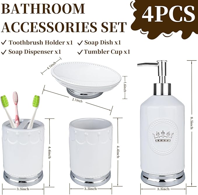 Bathroom Accessory Set, 4 Pcs Ceramic Sets with Crown Motif, Toothbrush Holder, Soap Dispenser, Soap Dish, Tumbler Cup, Modern Bathroom Sink Set Vanity Countertop Decor, White and Silver