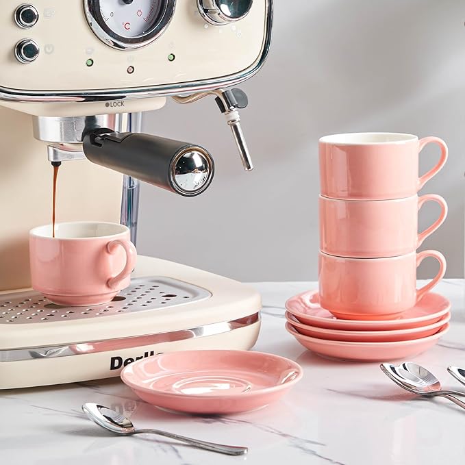 2.5oz Espresso Cups Set of 4, Demitasse Cups and Saucers with Spoons for 4, Expresso Shot Cups for Espresso Machine-Pink