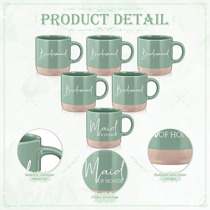 42 Pcs 6 Sets Wedding Favors Bridesmaid Proposal Gifts Maid of Honor Ceramic Coffee Cups Cosmetic Makeup Bags Invited Cards Scrunchies Knotted Bracelets Jewelry Bags Hair Claw Clips(Green)