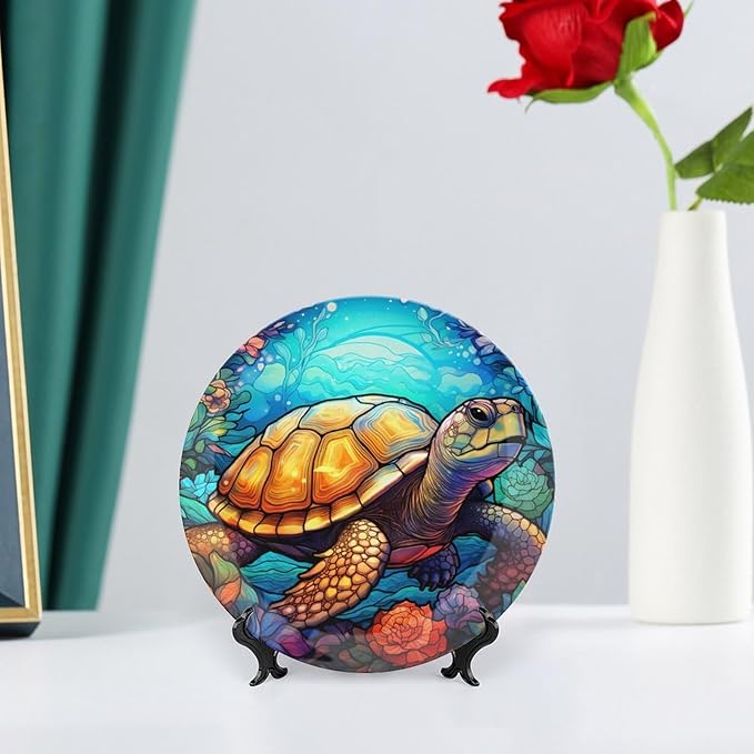 Decorative Plates for Wall Hanging, Ocean Turtle & Flower Stained Glass Design Ceramic Plate w/ Display Stand, Home Decor for Kitchen Cabinets, Farmhouse Round Tray 6 Inch, Gift for Turtle Lovers