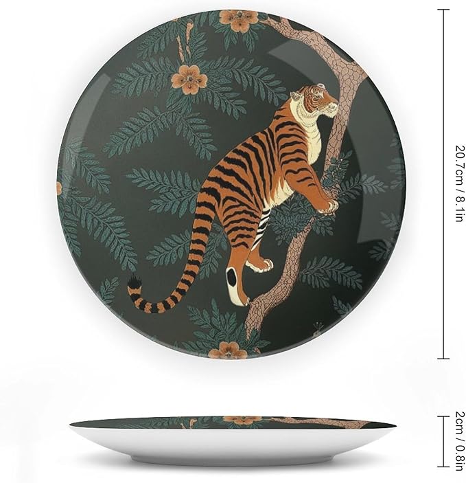 Tiger And Peacock China Plates, Wild Tiger Stripe Forset Chinoiserie Customize Hanging Decorative Tiles for Art Decoration Club Table Decor, with Vertical Stand Art Decorations for Display Household