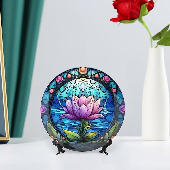 Decorative Plates, Purple Lotus Lake Landscape Stained Glass Painting Ceramic Dinner Plate Home Wobble-Plate w/ Display Stand, Wall Hanging Decor for Kitchen Household 6 Inch, Gifts for Lotus Lover