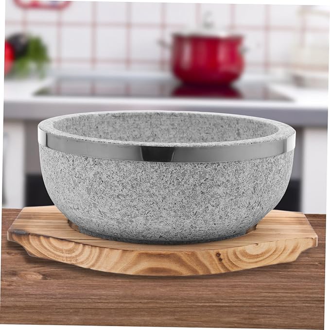 1set Korean Stone Pot - Natural Stone Bowl for Authentic Dishes No Coating Wood Base for Bibimbap Soup and Stews