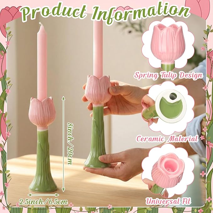 Vesici 2 Pcs 7.9 Inch Spring Pink Tulip Candle Holder Ceramic Tealight Candle Stick Holder for Table Centerpieces Wedding Parties Holiday Tabletop Decor Anniversary Engagement Gift