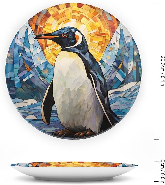 Decorative Plates for Wall Hanging, Lovely Penguin Watercolor Stained Glass Painting Ceramic Plate w/Display Stand, Home Decor for Kitchen Cabinets, Round Tray 8 Inch, Gift for Penguin Lovers