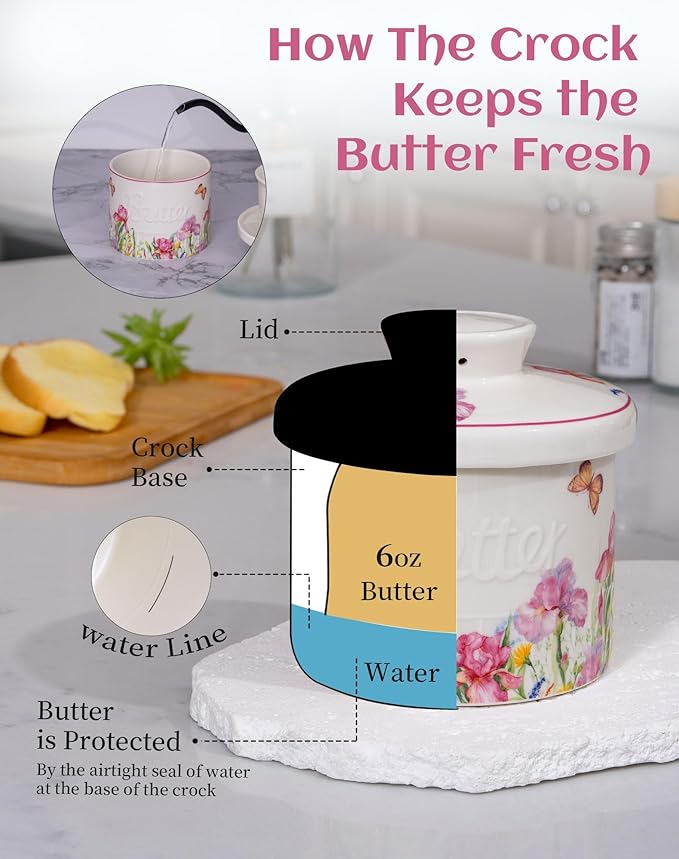 TEATALK French Butter Keeper - Vintage Boho Ceramic Butter Crock for Counter, Colorful Floral Porcelain Butter Dish with Lid, Stay Soft Spreadable Butter Container, 6.7 oz Aesthetic Kitchen Decor