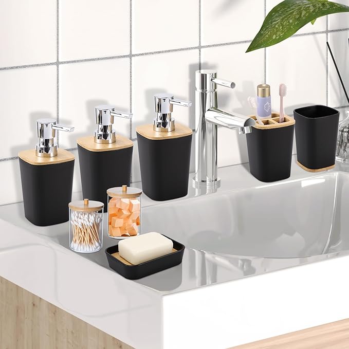Black Bathroom Accessories, Bathroom Accessories Set with Trash Can, Soap Dispenser, Toothbrush Holder, Toothbrush Cup, Soap Dish, Toilet Brush, Tray and Q-tip Holders for Housewarming