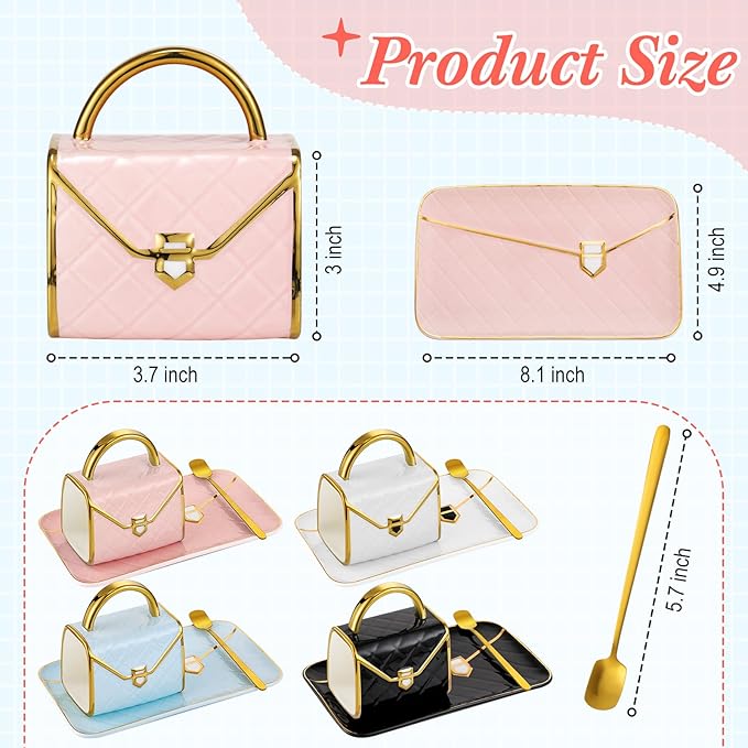 Sliner Handbag Coffee Mug Set- 4 Sets Handbag Coffee Mug with Saucer Spoon 10 Oz/ 310 ml - Cute Ceramic Creative Tea Cup for Women Girls Valentines Gift(Classic)