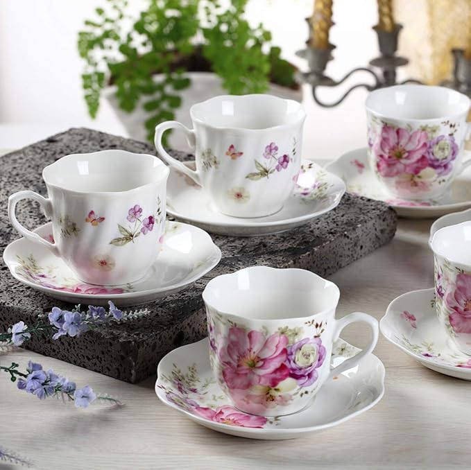 GuangYang 7 oz Porcelain Tea Cups and Saucers Set of 6, Pink Floral Design – Elegant Gift Set for Tea Lovers, Coffee, Cappuccino, Mocha, Weddings, Housewarming & Holidays