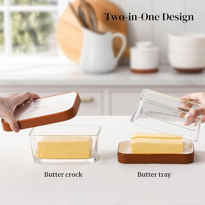 DOWAN Glass Butter Dish with Ceramic Lid, Large Butter Container for 3 Sticks, 2-in-1 Butter Dish with Lid for Countertop, Multi-Purpose Preserving Keepers and Tray, Dishwasher Safe-Cozy Gift