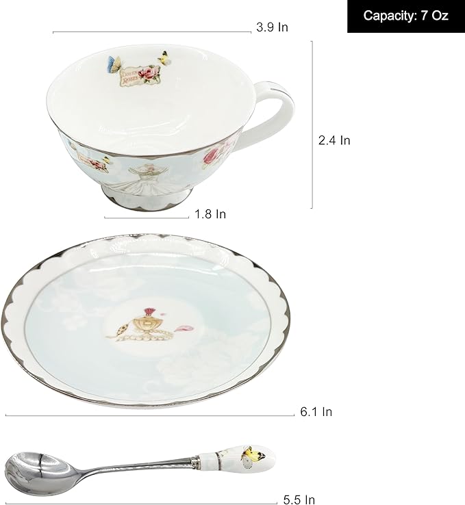 Vintage Ceramic Teacup, Elegant Coffee Cup with Spoon and Saucer Set,Royal Bone China Tea Cups (Wedding)