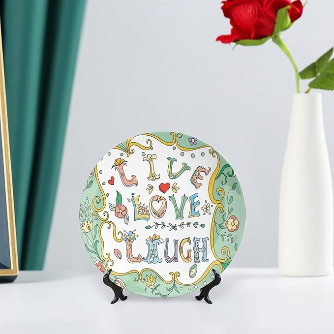 XISUNYA 8 Inch Decorative Plate, Live Laugh Love Decor Ceramic Plate, Ornate Doodle Wreath Inspiring Quote Print Ornament Display Plate Handmade Plate Wedding Gifts, Multicolor
