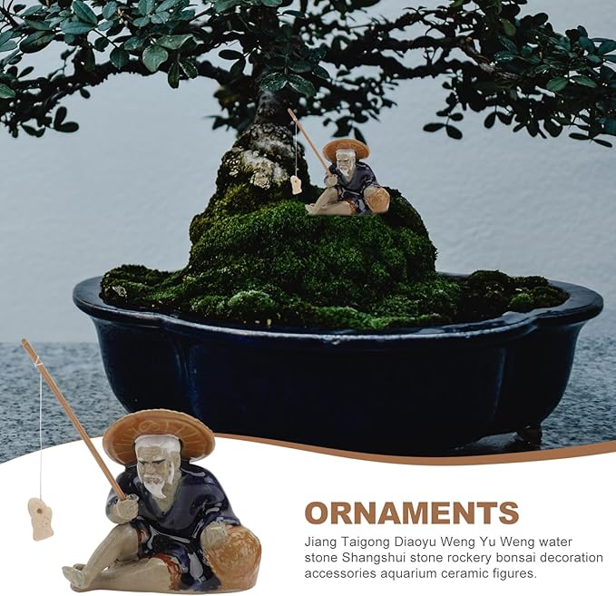 Ceramic Mini Fisherman Figurine Sitting Fishing Old Man Statue Asian Chinese Aquarium Zen Garden Decorations, 6x5.5cm, 0OQLIA1NK3403402QBD