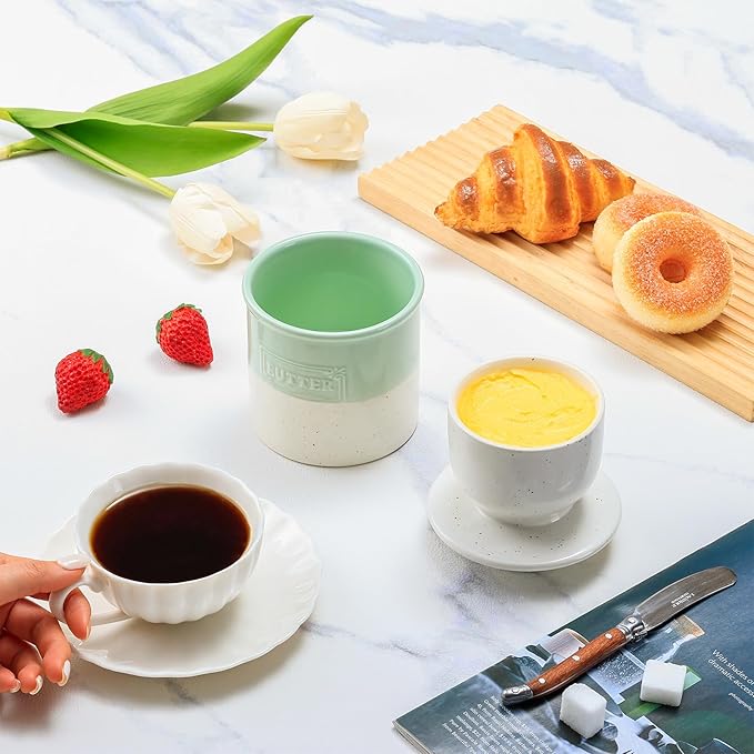 NUTRIUPS Ceramic Butter Crock, Butter Dish with Lid for Countertop with Water Line, French Retro Butter Crock for Spreadable Butter (Cyan Mist White)