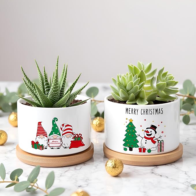 Ceramic Plant Pots,Funny Gifts for Women,for House Plants Garden Planters Succulent Pots, with Drainage Holes (White-Christmas)