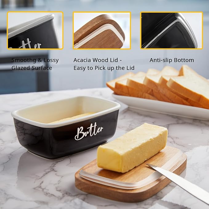 Black Butter Dish, ALELION Large Ceramic Butter Dish with Lid for Countertop, Butter Keeper Container with Acacia Wooden Lid, Kitchen Decor and Accessories for Counter