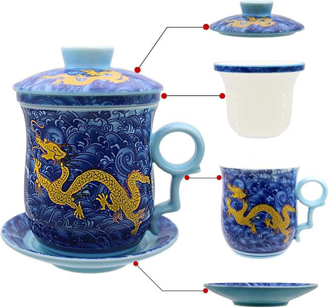 Porcelain Tea Cup with Infuser Lid and Saucer Sets - Chinese Jingdezhen Ceramics Coffee Mug Teacup Loose Leaf Tea Brewing System for Home Office