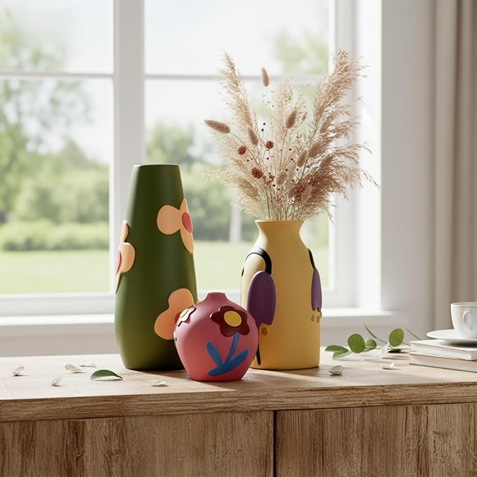 Vintage Ceramic Vase, Minimalist Texture Stone Patterned White Flower Vase, Decorative Vase for Living Room Shelf Farmhouse Dining Table Centerpiece Decor (Colorful Rustic-3 Pack)