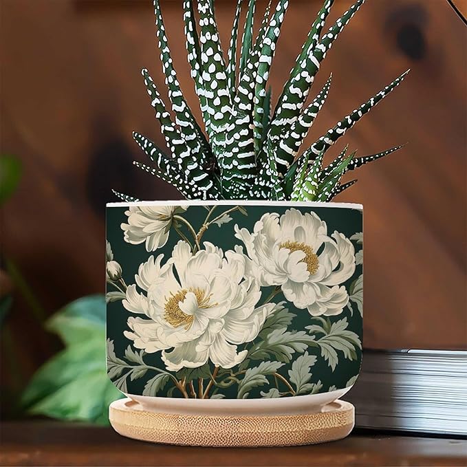 1 Piece Ceramics Planter Egg Green and White Floral Small Planters for Succulents White Chinoiserie Flower Planter for Succulents Chinoiserie Plant Pot with Drainage and Bamboo Tray