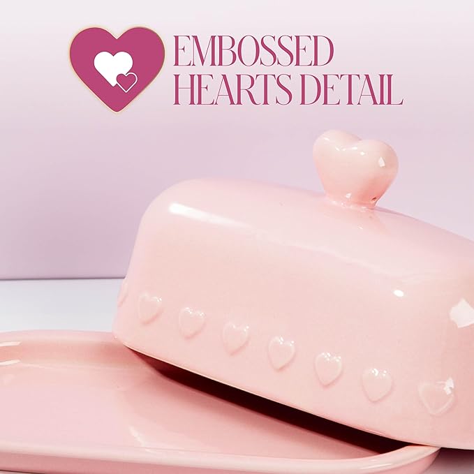 Paris Hilton Heart Knob Butter Dish, Iconic Stoneware With Heart Detailing, Microwave Safe & Dishwasher Safe, 2-Piece Set, Pink
