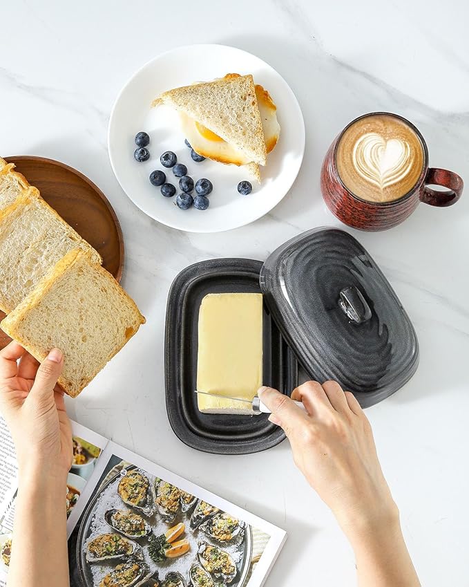 Hasense Porcelain Butter Dish with Lid, Covered Butter Container with Handle Design for Countertop, Gray