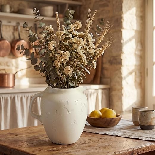 Rustic Kitchen Utensil Holder with Handle,7.48" H Ceramic Vintage Utensil Crock for Countertop, Farmhouse Kitchen Decoration Ceramic Pot for Spatulas Spoons Tongs(Novelty,Antique Cream)
