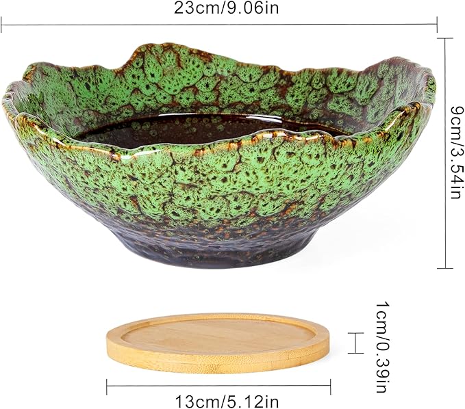 ARTKETTY Bonsai Pots, 9.06 Inch Succulent Pots with Drainage and Saucer, Ceramic Pots for Indoor Cactus Plants Unique Flower Plant Pots Round Bonsai Tree Planters Windowsill Desk Decor