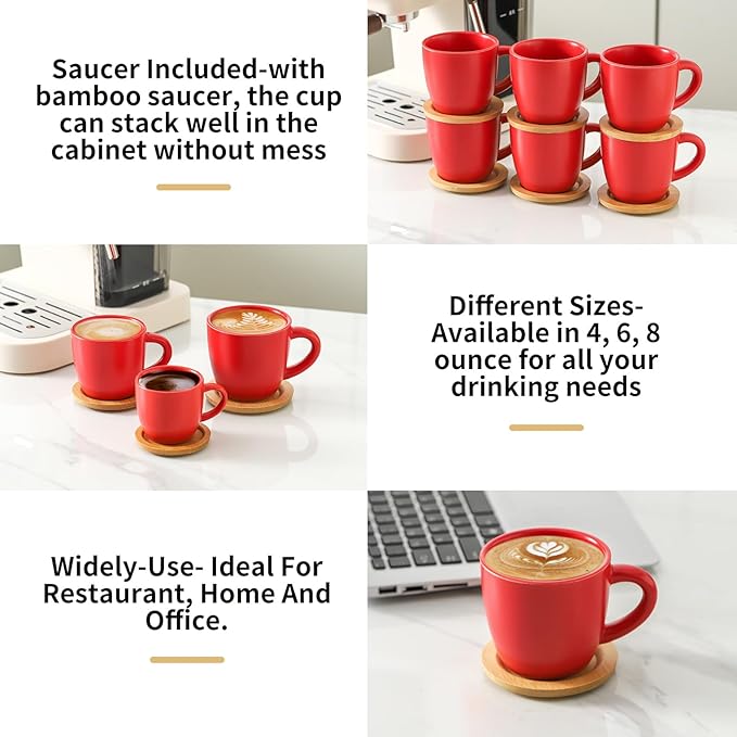 HASENSE 8 oz Tea Cups and Saucers Set of 6, Ceramic Coffee Cups Latte Cappuccino Cups with Handle for Double Shot, Cafe Mocha, Espresso, Stackable Coffee Mugs for Party Home and Kitchen, Red