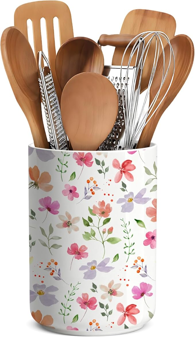 Wildflowers Utensil Holder,Countertop Ceramic Utensil Holder,Large Cooking Utensil Crocks for Kitchen Counter Decor,Ceramic Vase for Kitchen Utensils,6.3"+4.7"(Flower)