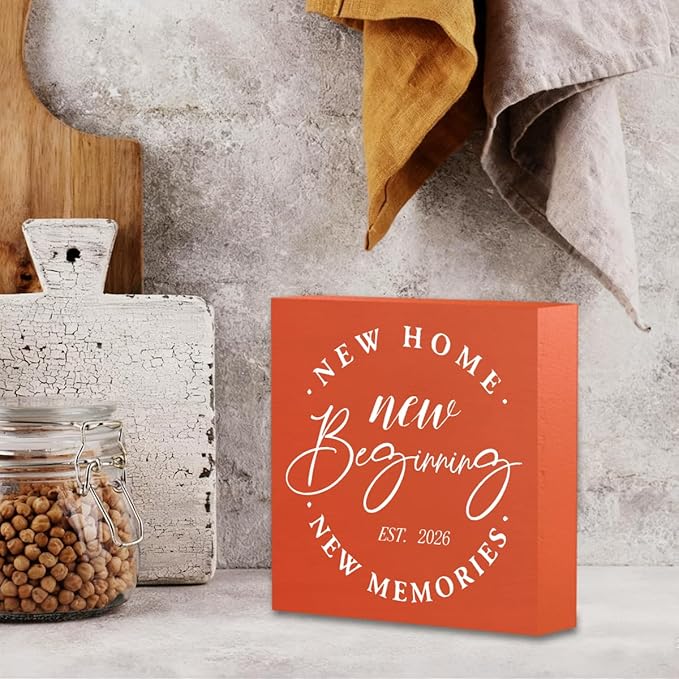 MUBIAO Rustic 2026 New Home Housewarming Gifts Ideasfor Women Men Friend Home Desk Shelf Decor - 5.1 x 5.1 Inches New Memories Decor Accessories - Orange
