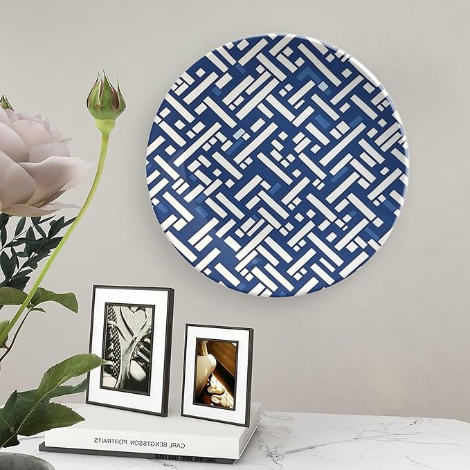 Vintage Plates Navy Blue Geometric Custom Decor for Club Art Decoration Wall Display Wall Decorative Plate with Vertical Stand, Multi Sizes by Choosing, Gifts for Men Women