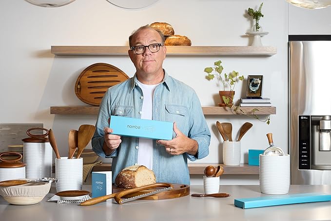 Nambe x Tom Papa Breaking Bread Canister - 10”H x 6”W, Ceramic Stoneware Storage Jar with Acacia Wood Lid & Silicone Seal for Fresh Food, Scandinavian Kitchen Decor for Countertop Storage (Medium)