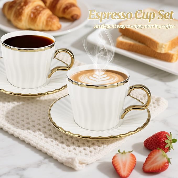 3.2oz Ceramic Turkish Coffee Cup Set of 6, British Italian Cappuccino Cups Porcelain Espresso Cups and Saucers with Gold Trim for Double Espresso Cappuccino Latte Mocha Tea, Gold
