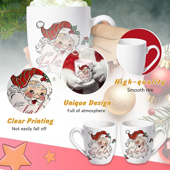 Christmas Santa Claus Ceramic Coffee Mug, 13 oz Novelty Xmas Tea Cup with Handle, Winter Holiday Gifts for Friends Women Men, Holly Berry Drink Mugs Microwave and Dishwasher Safe