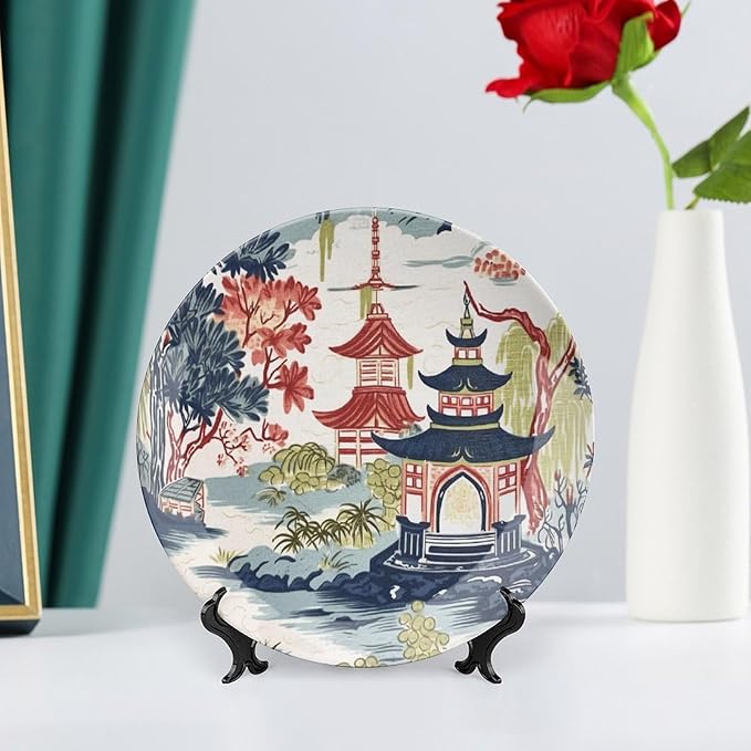 Chinoiserie Pagoda White Coral Blue Asian Decorative Plate of 6", 7", 9", 10", Customize Chinoiserie Decor Pagoda Bone China Decorative Plate, Festival Club Decorations Office, with Vertical Stand