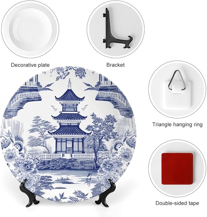 Chinoiserie Blue Asian Pagoda China Plates for Display Festival Wedding Supplies Wall Farmhouse Holiday Party Decorations Personalized Gifts for Men Women Christmas, 6", 7", 9", 10"