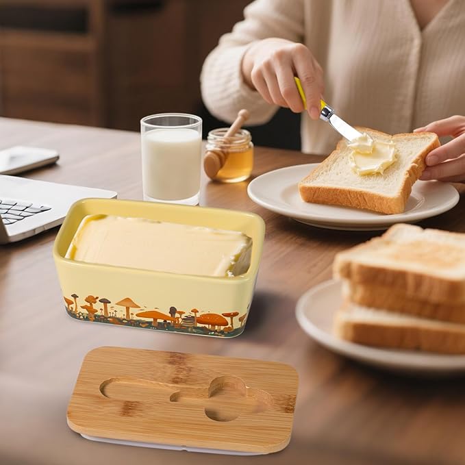 Mushroom Butter Dish with Lid,Large Butter Crock Keeper Saver,Ceramic Butter Container for Countertop with Highly Sealed Silicone Thick Wooden Lid for Kitchen Farmhouse Decor (Yellow, Mushroom)