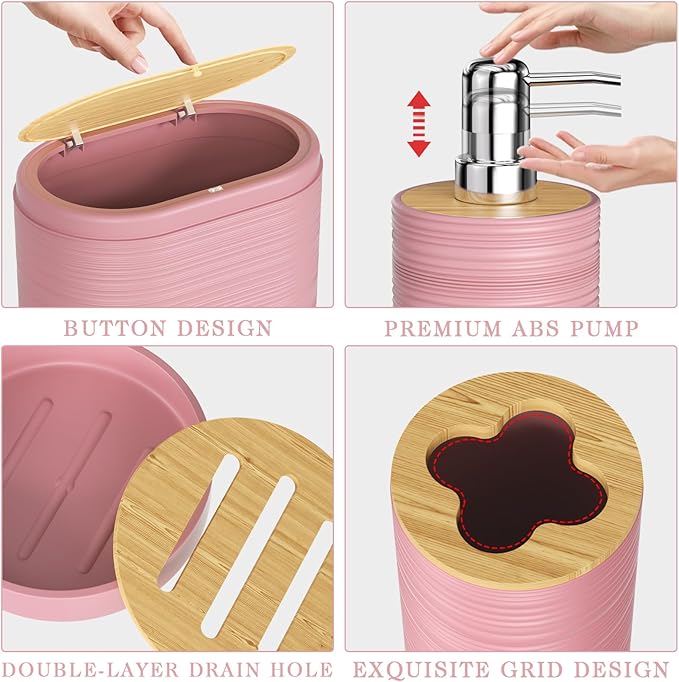 Pink Bathroom Set - 10PC Bathroom Accessories Set, Luxury Bathroom Accessory Set with Trash Can,Toilet Brush & 2 PC Soap Dispensers for Apartment Decor and Housewarming