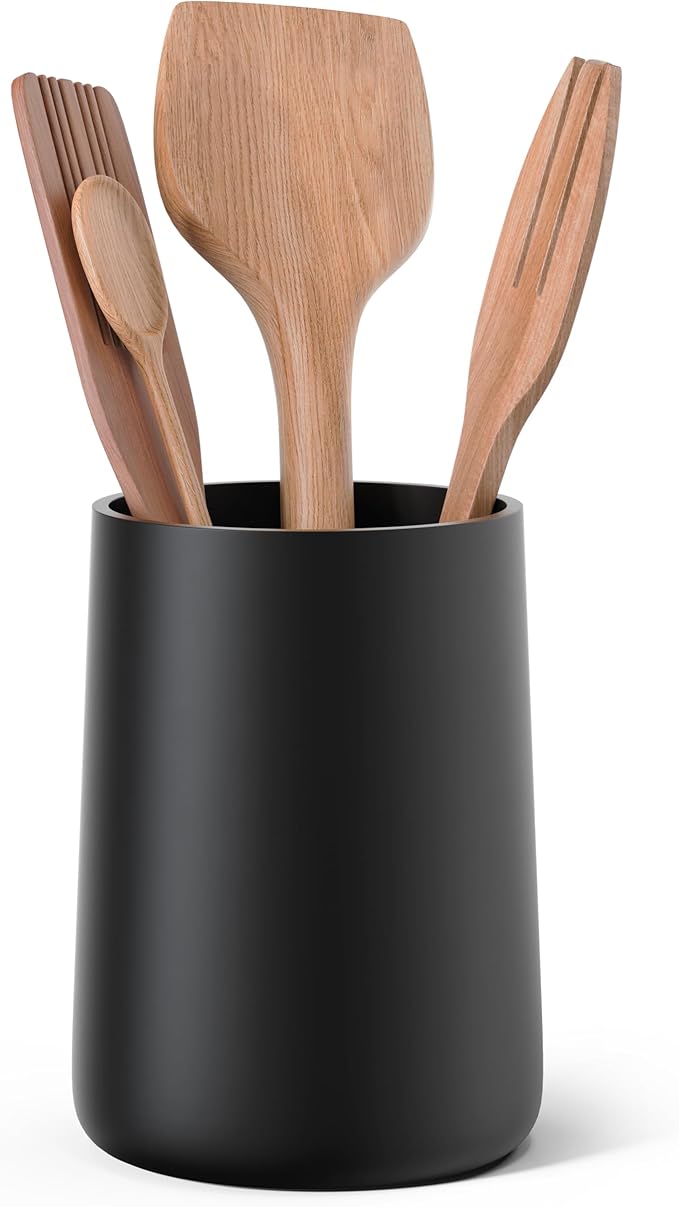 Utensil Holder – 7" Tall x 5.2" Diameter Kitchen Utensil Organizer for Countertop (Matte Black, 1 Pack)
