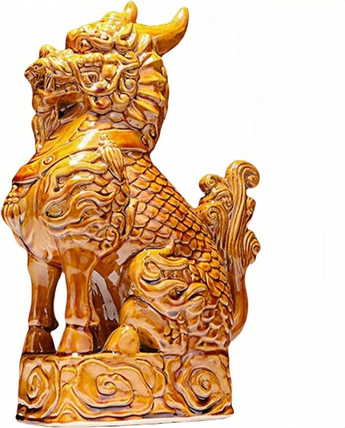 Ceramic Sculptures Auspicious Kirin Sculpture Living Room Study Desk Decoration Feng Shui Ornaments Asian Art Collection - Khaki